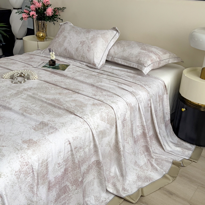 91家纺网 家纺一手货源 找家纺 印季家纺 2026新款数码印花竹纤维+莱赛尔床单凉席 情愫-米