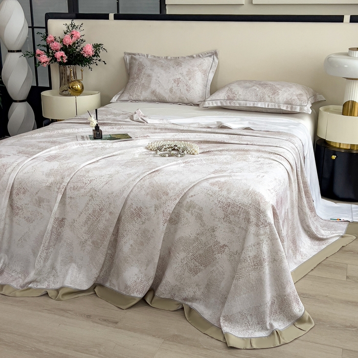 91家纺网 家纺一手货源 找家纺 印季家纺 2026新款数码印花竹纤维+莱赛尔床单凉席 情愫-米