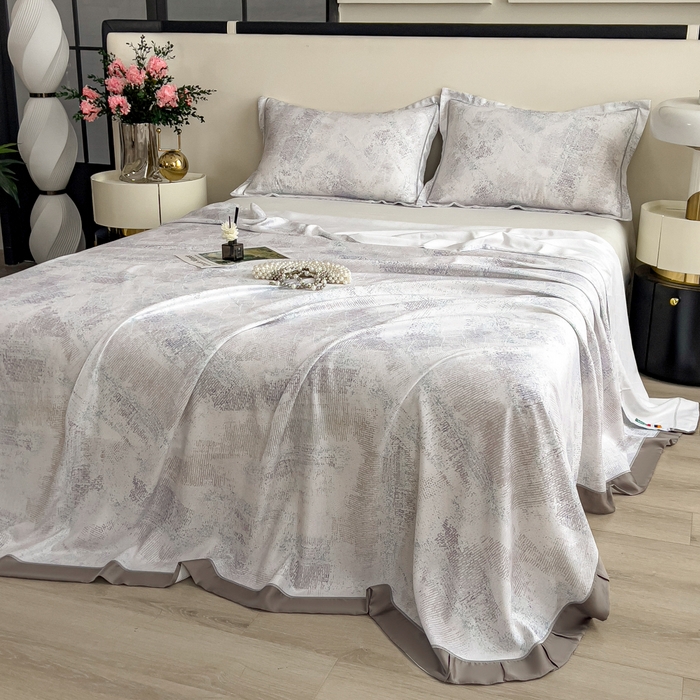 91家纺网 家纺一手货源 找家纺 印季家纺 2026新款数码印花竹纤维+莱赛尔床单凉席 情愫-灰