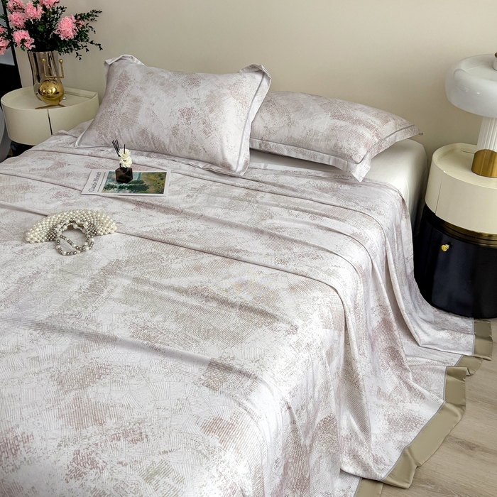 91家纺网 家纺一手货源 找家纺 印季家纺 2026新款数码印花竹纤维+莱赛尔床单凉席 情愫-米