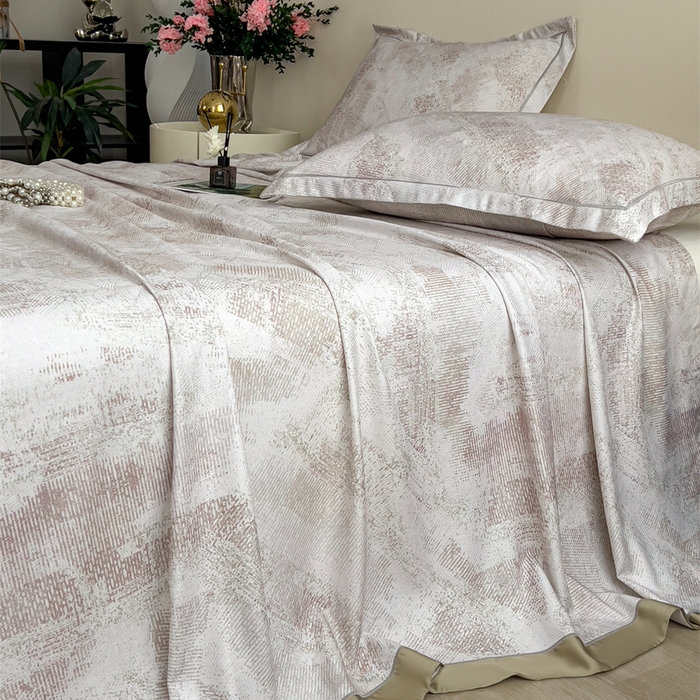 91家纺网 家纺一手货源 找家纺 印季家纺 2026新款数码印花竹纤维+莱赛尔床单凉席 情愫-米