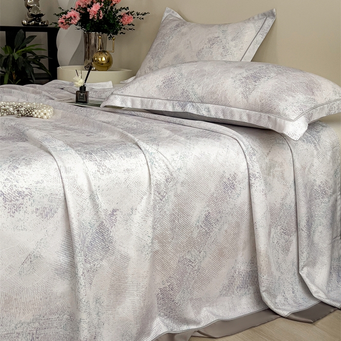 91家纺网 家纺一手货源 找家纺 印季家纺 2026新款数码印花竹纤维+莱赛尔床单凉席 情愫-灰