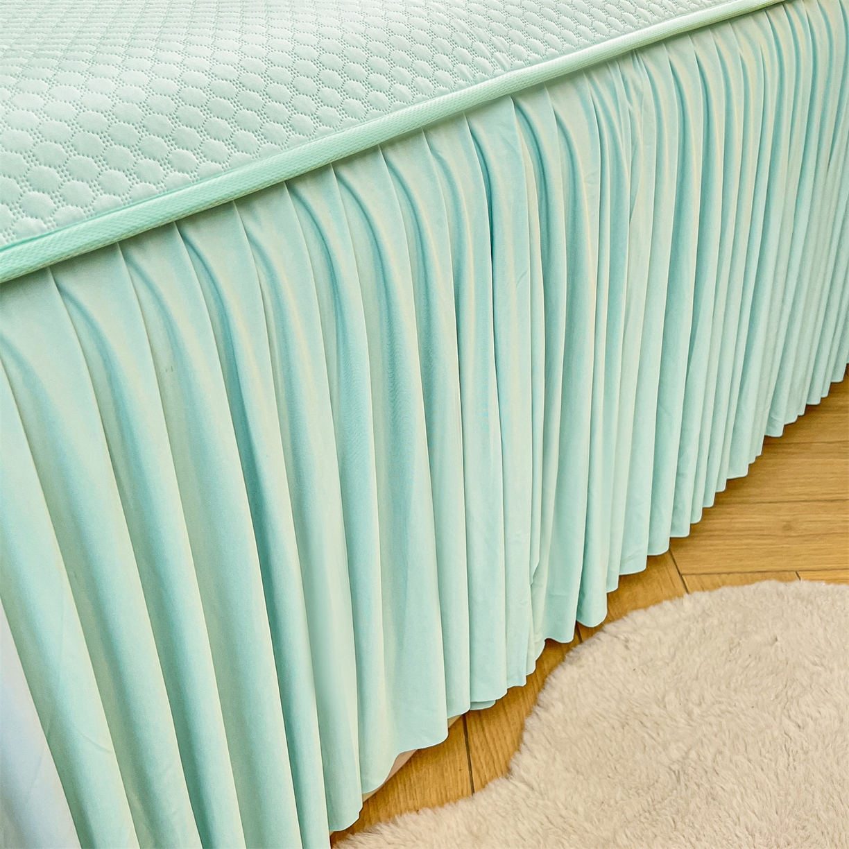 91家纺网 家纺一手货源 找家纺 雯豆家纺 2026新款A类凉感丝花边床裙款凉席席子凉席 凉感丝床裙-森林绿