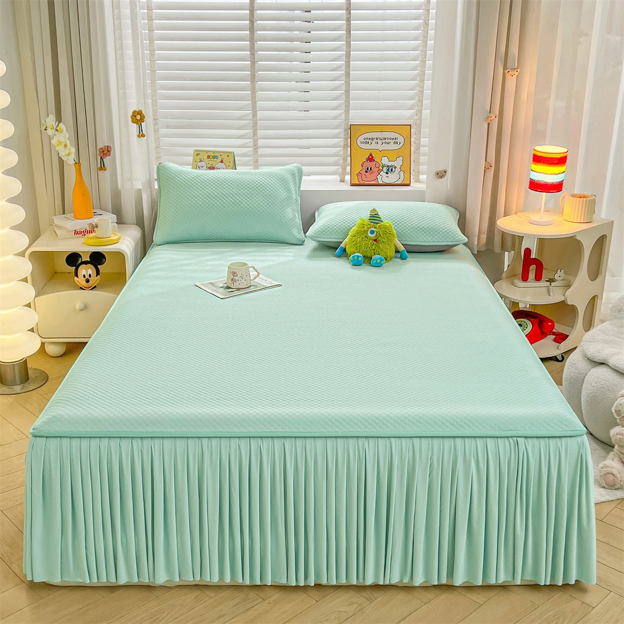 91家纺网 家纺一手货源 找家纺 雯豆家纺 2026新款A类凉感丝花边床裙款凉席席子凉席 凉感丝床裙-森林绿