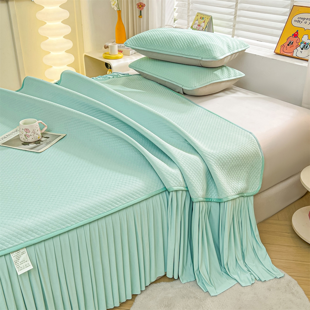 91家纺网 家纺一手货源 找家纺 雯豆家纺 2026新款A类凉感丝花边床裙款凉席席子凉席 凉感丝床裙-森林绿