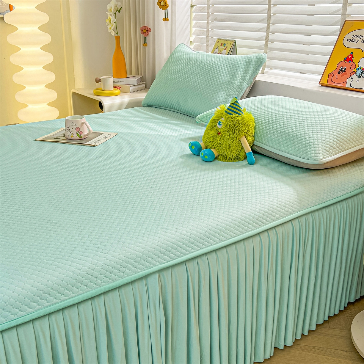 91家纺网 家纺一手货源 找家纺 雯豆家纺 2026新款A类凉感丝花边床裙款凉席席子凉席 凉感丝床裙-森林绿