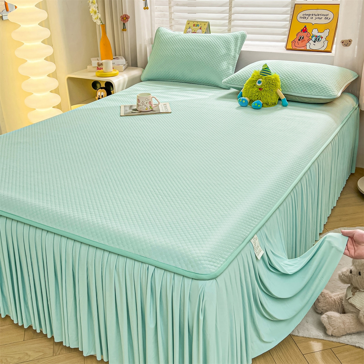 91家纺网 家纺一手货源 找家纺 雯豆家纺 2026新款A类凉感丝花边床裙款凉席席子凉席 凉感丝床裙-森林绿