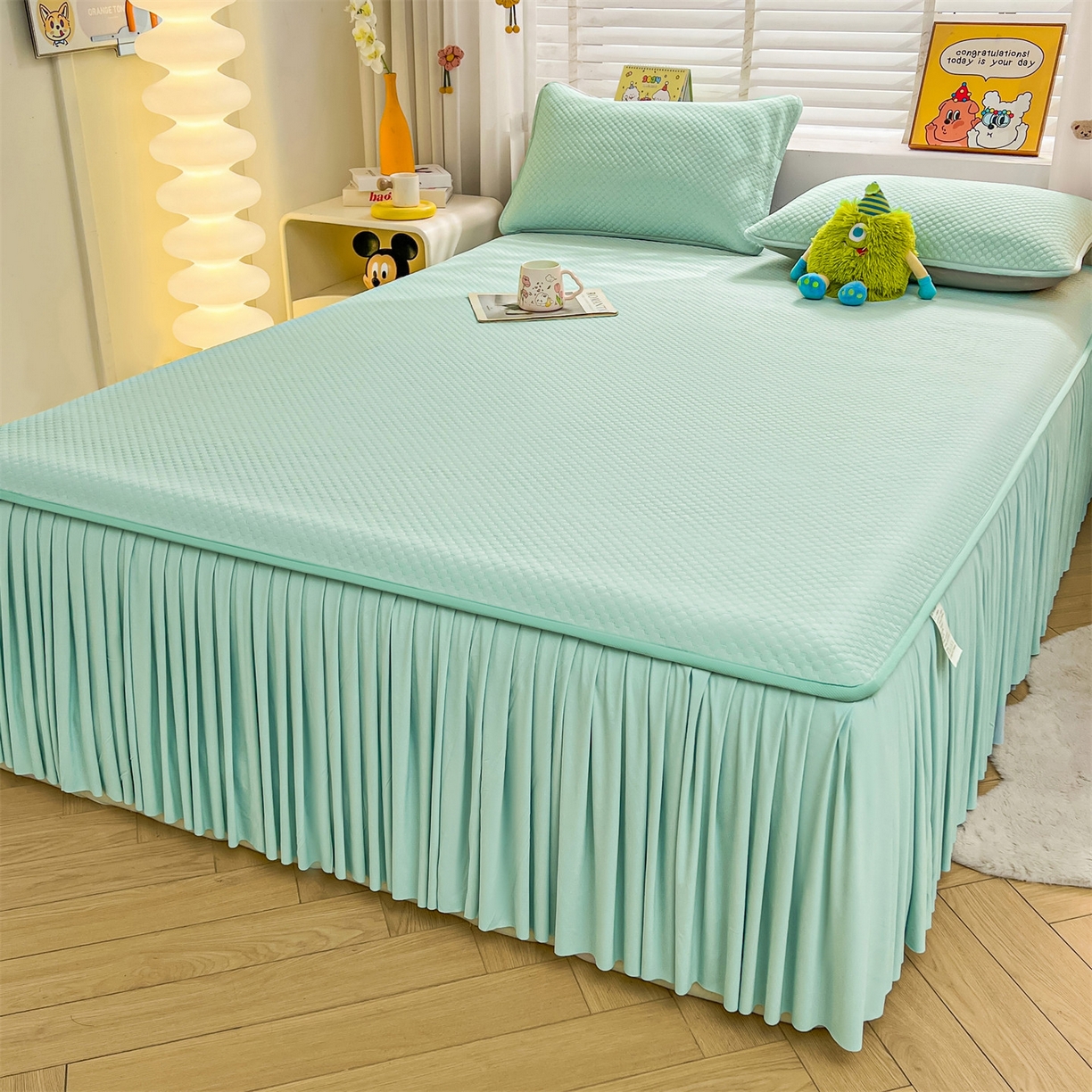 91家纺网 家纺一手货源 找家纺 雯豆家纺 2026新款A类凉感丝花边床裙款凉席席子凉席 凉感丝床裙-森林绿