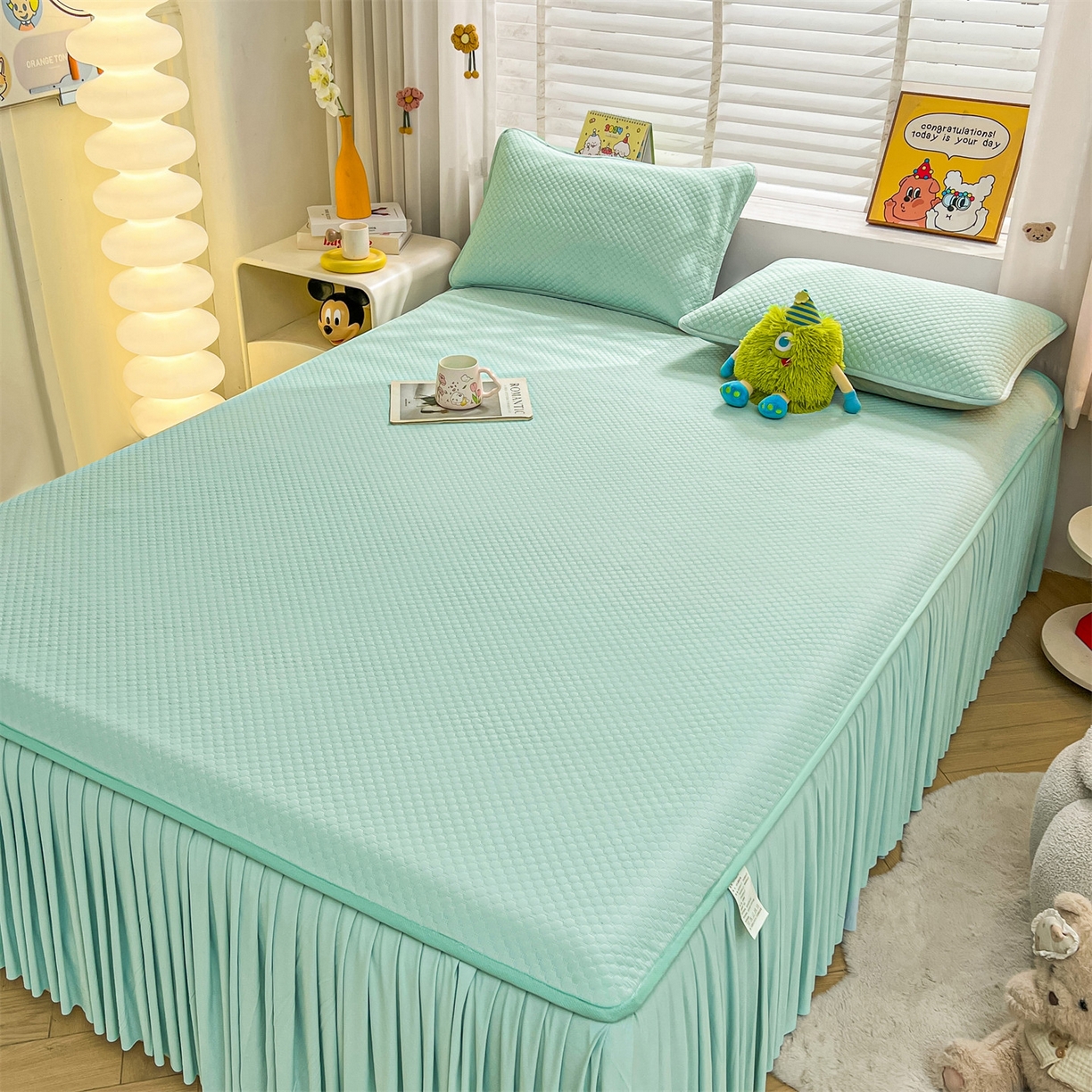 91家纺网 家纺一手货源 找家纺 雯豆家纺 2026新款A类凉感丝花边床裙款凉席席子凉席 凉感丝床裙-森林绿