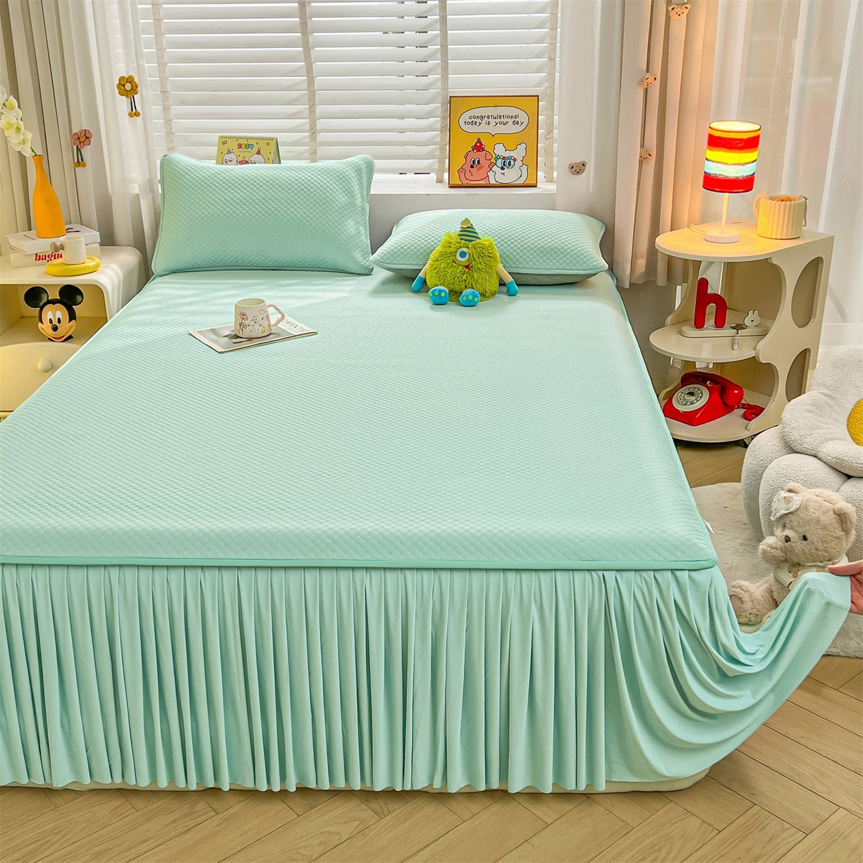 91家纺网 家纺一手货源 找家纺 雯豆家纺 2026新款A类凉感丝花边床裙款凉席席子凉席 凉感丝床裙-森林绿