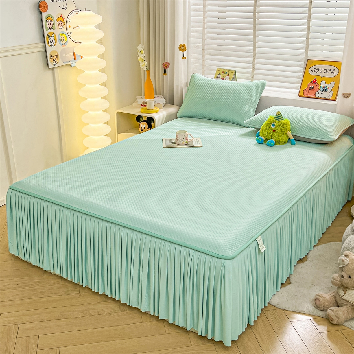 91家纺网 家纺一手货源 找家纺 雯豆家纺 2026新款A类凉感丝花边床裙款凉席席子凉席 凉感丝床裙-森林绿