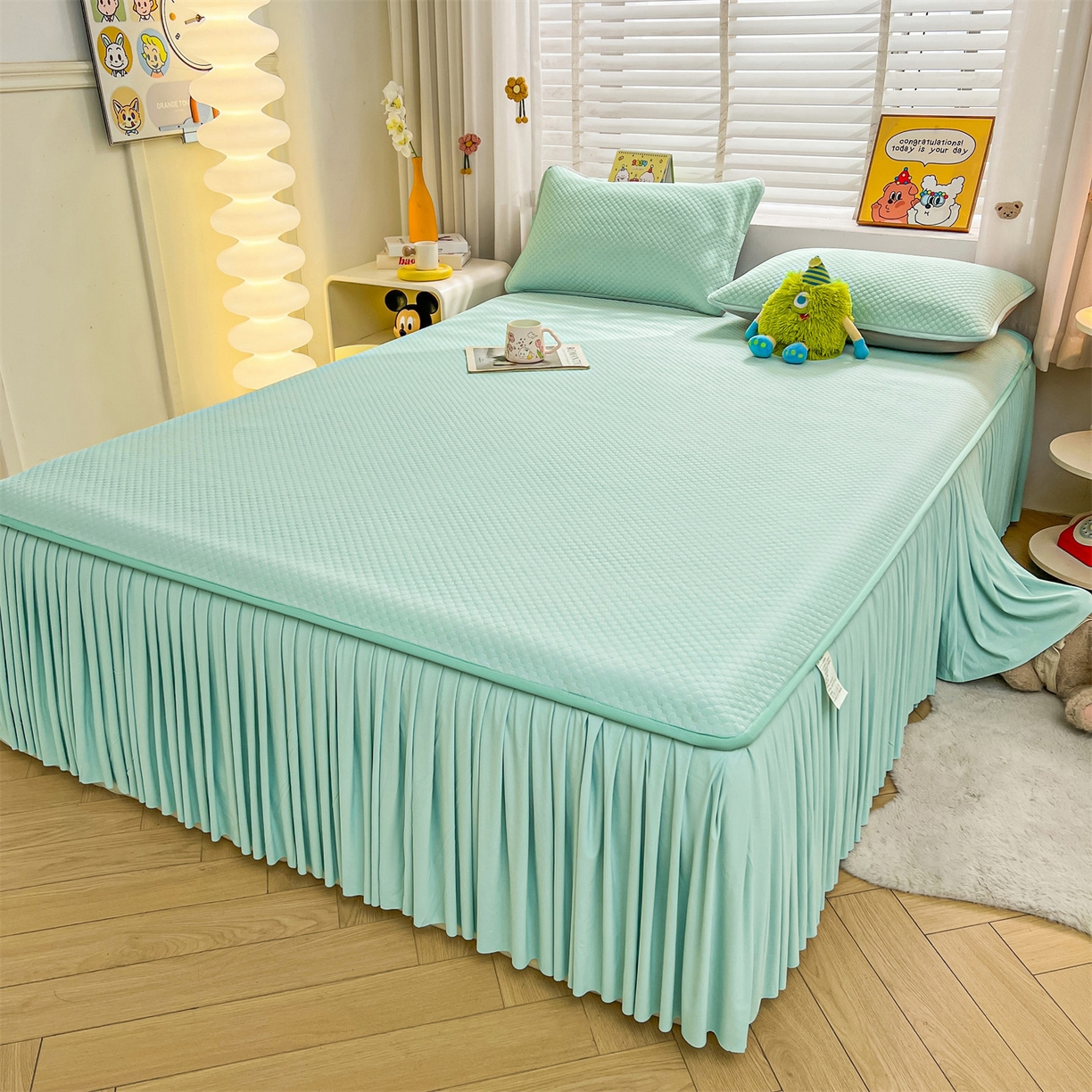 91家纺网 家纺一手货源 找家纺 雯豆家纺 2026新款A类凉感丝花边床裙款凉席席子凉席 凉感丝床裙-森林绿