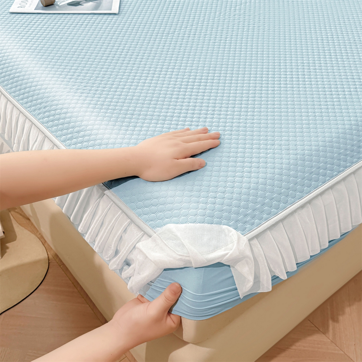 91家纺网 家纺一手货源 找家纺 （总）雯豆家纺 2026新款A类凉感丝花边床笠款凉席席子凉席