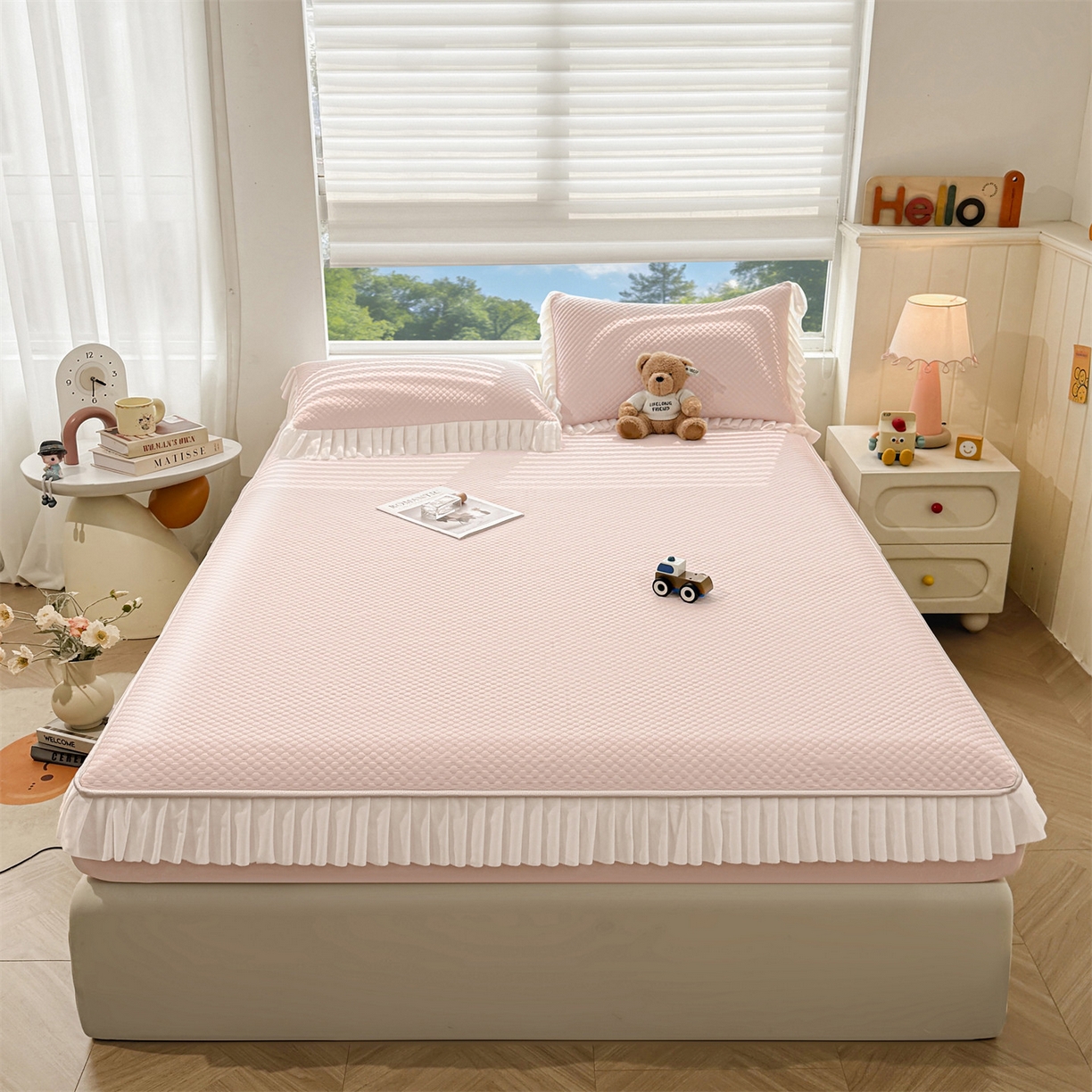 91家纺网 家纺一手货源 找家纺 雯豆家纺 2026新款A类凉感丝花边床笠款凉席席子凉席 凉感丝花边床笠-胭脂粉