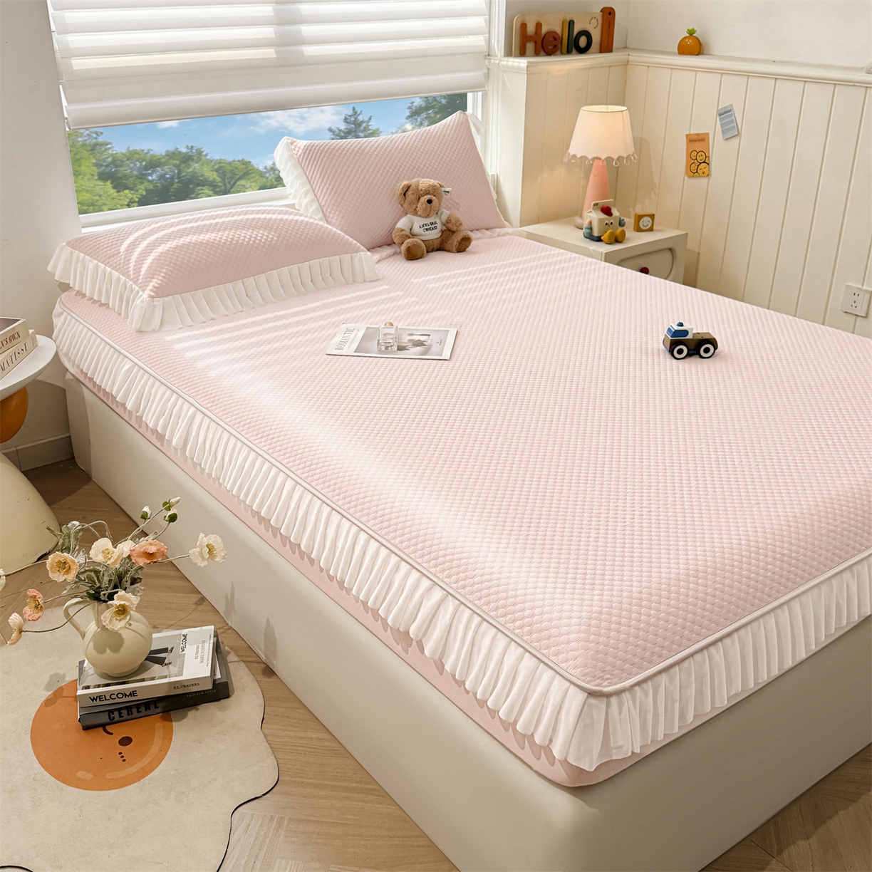 91家纺网 家纺一手货源 找家纺 雯豆家纺 2026新款A类凉感丝花边床笠款凉席席子凉席 凉感丝花边床笠-胭脂粉