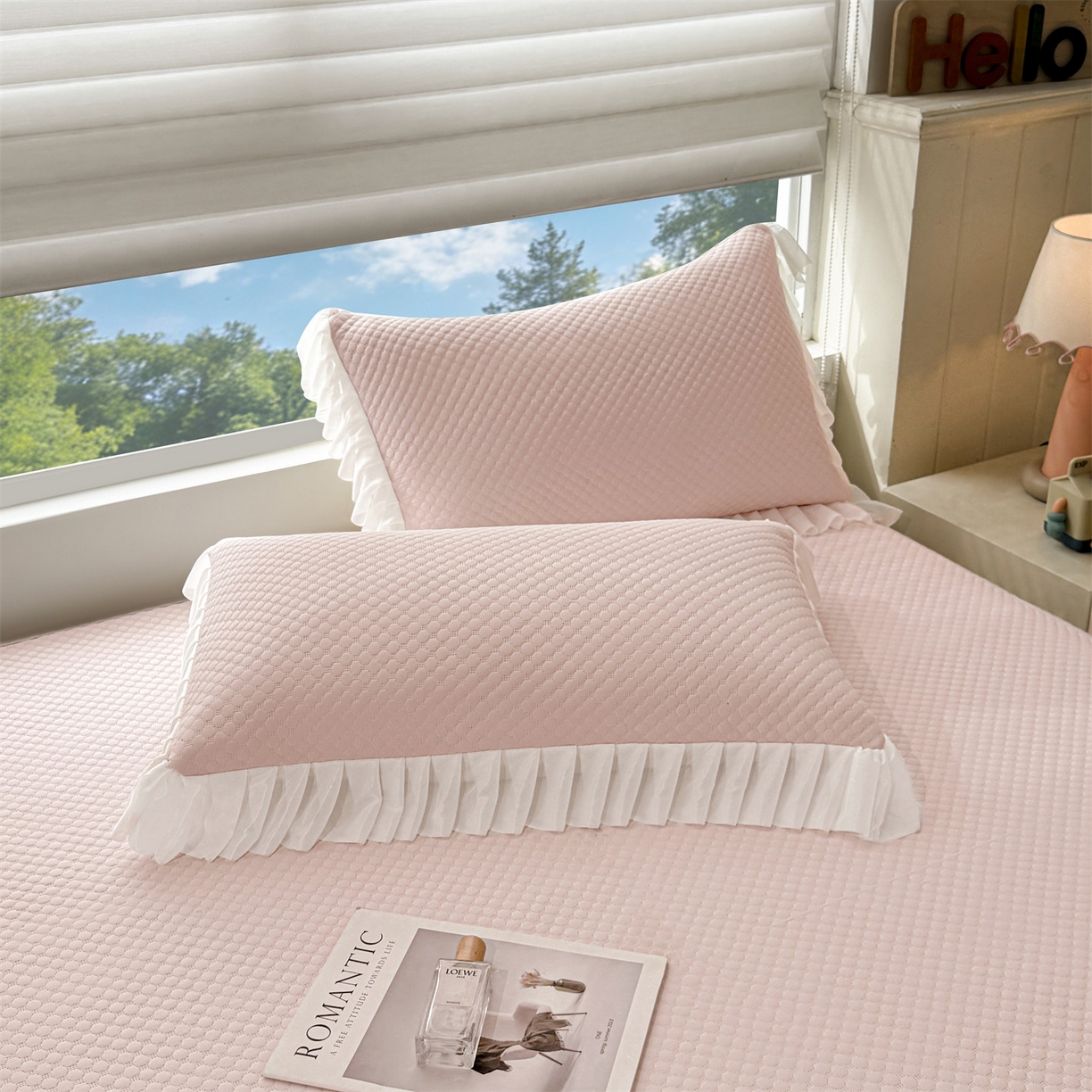 91家纺网 家纺一手货源 找家纺 雯豆家纺 2026新款A类凉感丝花边床笠款凉席席子凉席 凉感丝花边床笠-胭脂粉