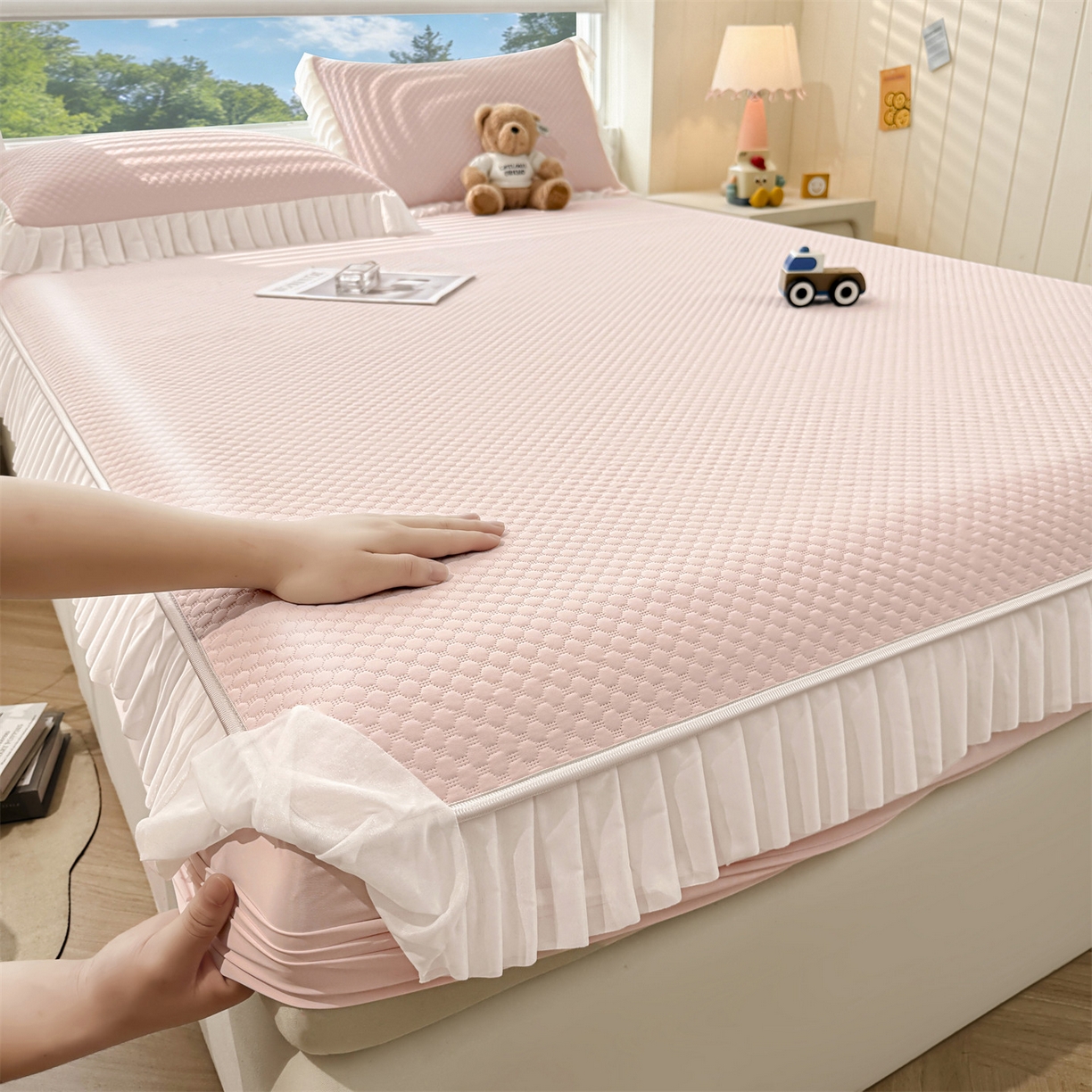 91家纺网 家纺一手货源 找家纺 雯豆家纺 2026新款A类凉感丝花边床笠款凉席席子凉席 凉感丝花边床笠-胭脂粉