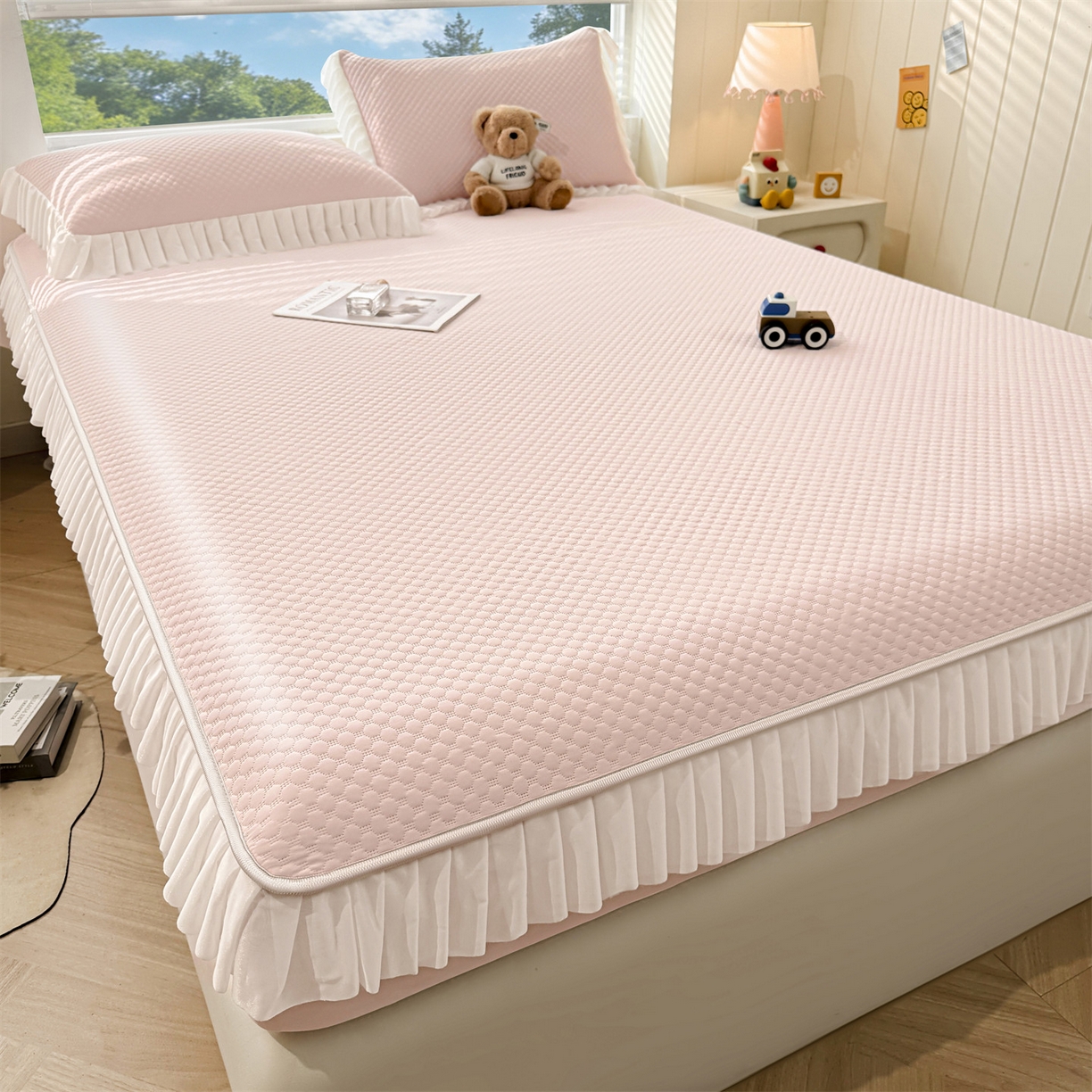 91家纺网 家纺一手货源 找家纺 雯豆家纺 2026新款A类凉感丝花边床笠款凉席席子凉席 凉感丝花边床笠-胭脂粉