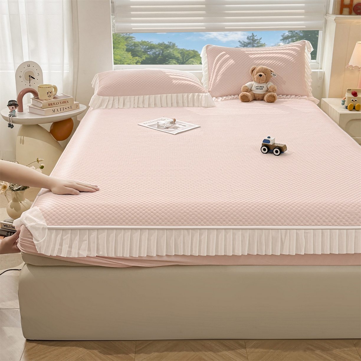 91家纺网 家纺一手货源 找家纺 雯豆家纺 2026新款A类凉感丝花边床笠款凉席席子凉席 凉感丝花边床笠-胭脂粉