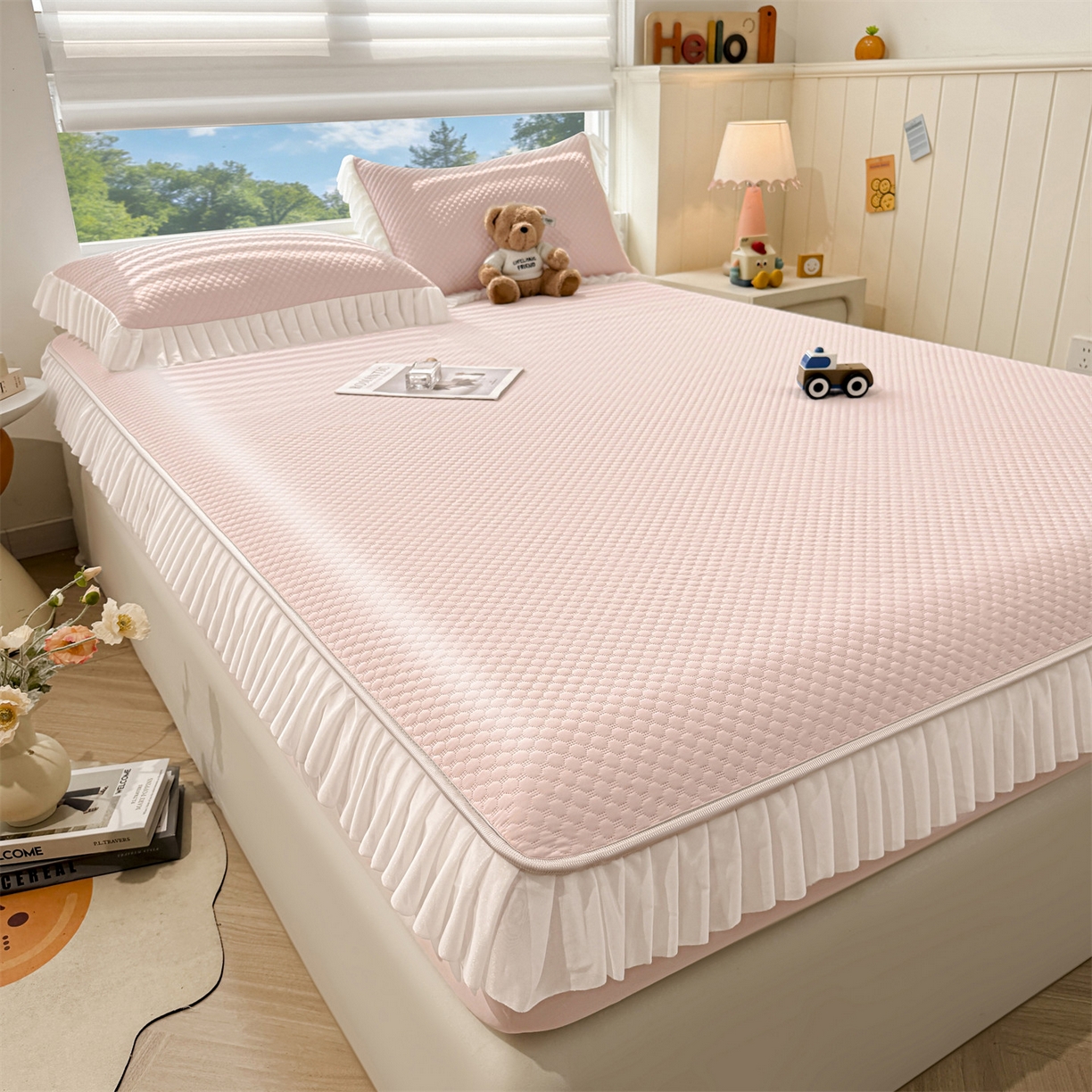 91家纺网 家纺一手货源 找家纺 雯豆家纺 2026新款A类凉感丝花边床笠款凉席席子凉席 凉感丝花边床笠-胭脂粉