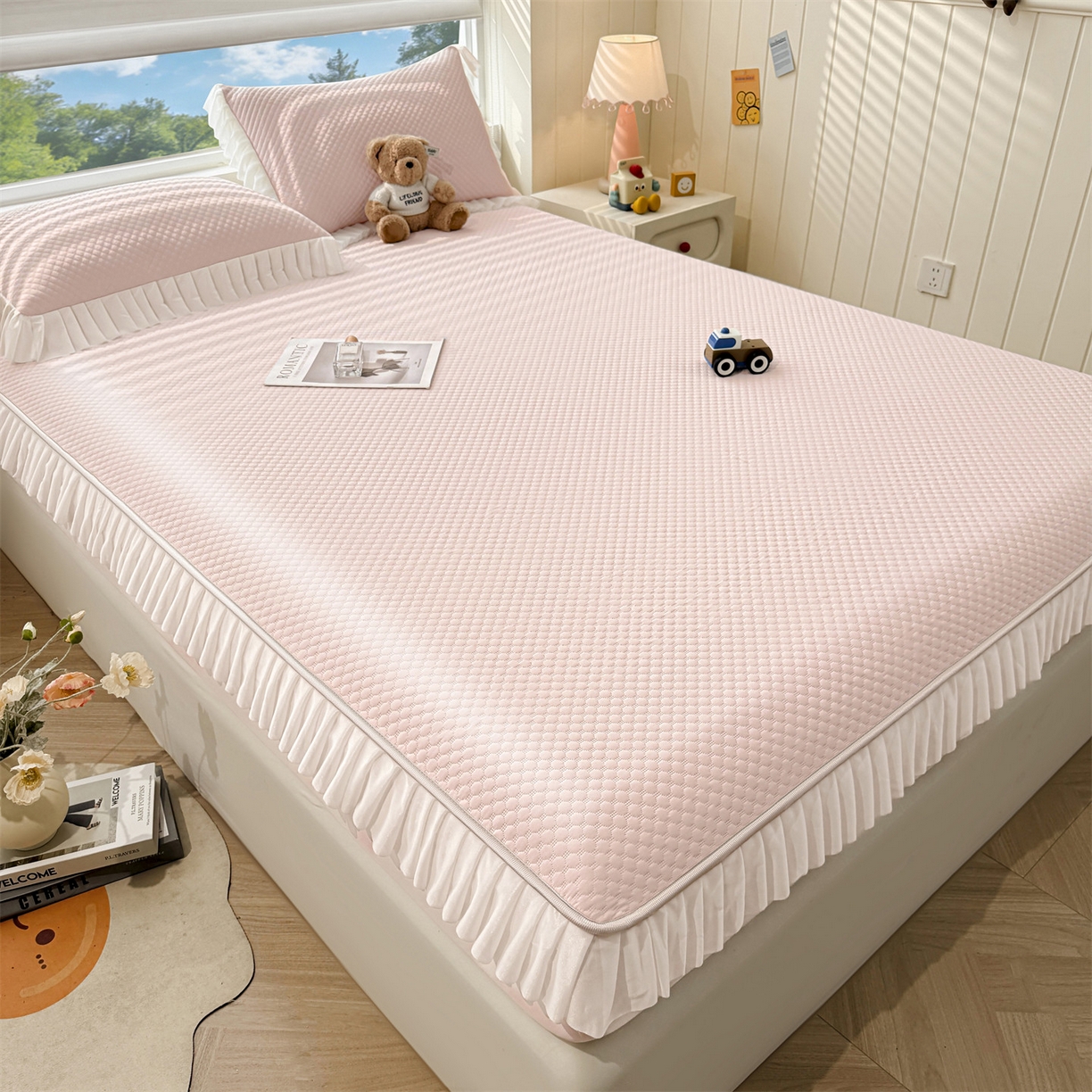 91家纺网 家纺一手货源 找家纺 雯豆家纺 2026新款A类凉感丝花边床笠款凉席席子凉席 凉感丝花边床笠-胭脂粉