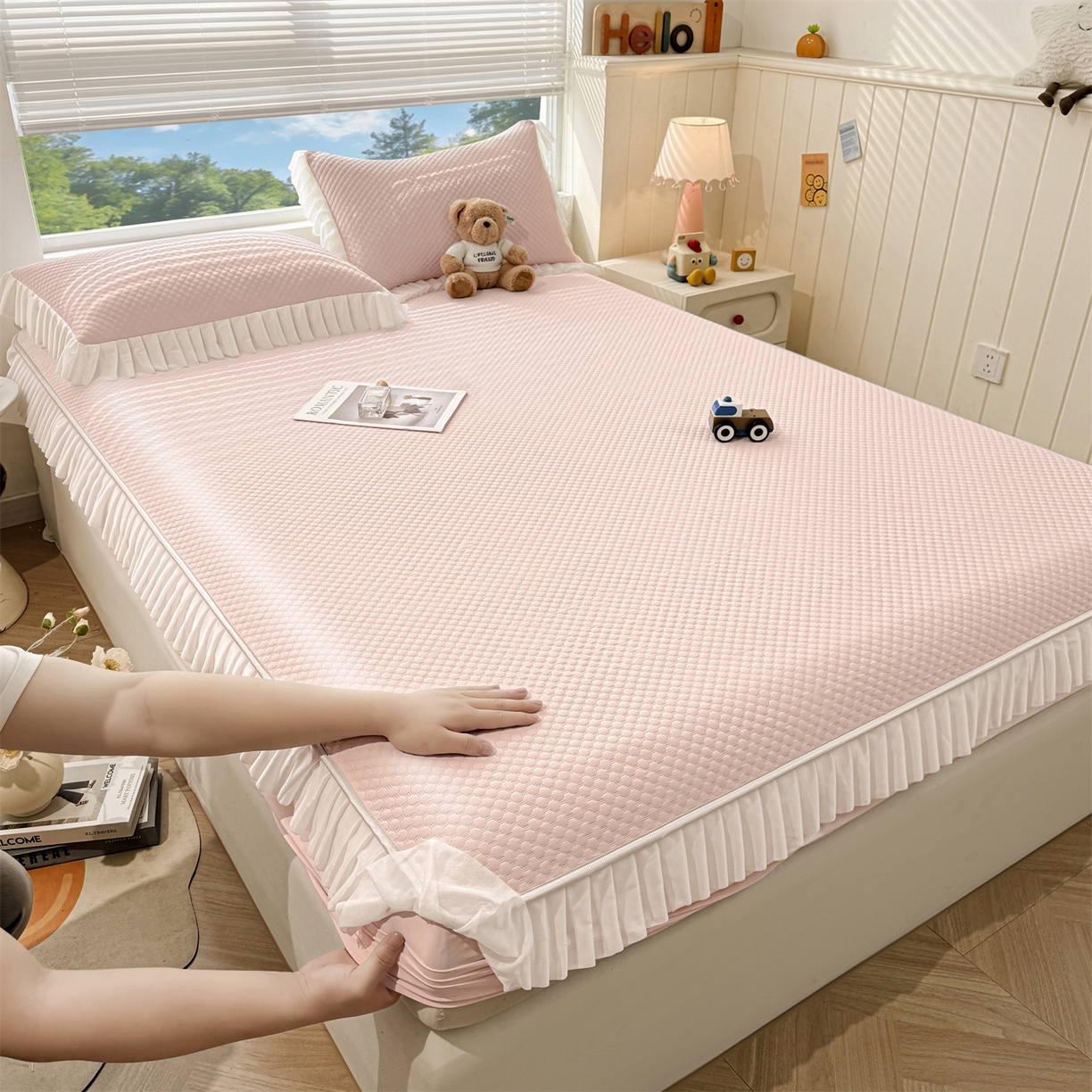 91家纺网 家纺一手货源 找家纺 雯豆家纺 2026新款A类凉感丝花边床笠款凉席席子凉席 凉感丝花边床笠-胭脂粉