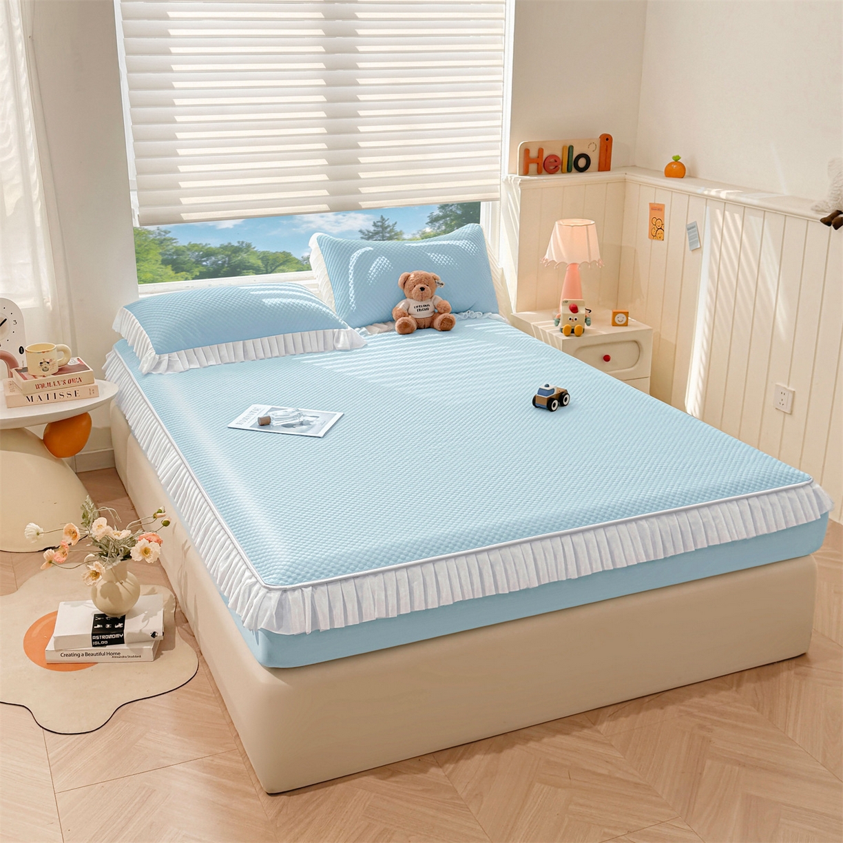 91家纺网 家纺一手货源 找家纺 雯豆家纺 2026新款A类凉感丝花边床笠款凉席席子凉席 凉感丝花边床笠-碧空蓝