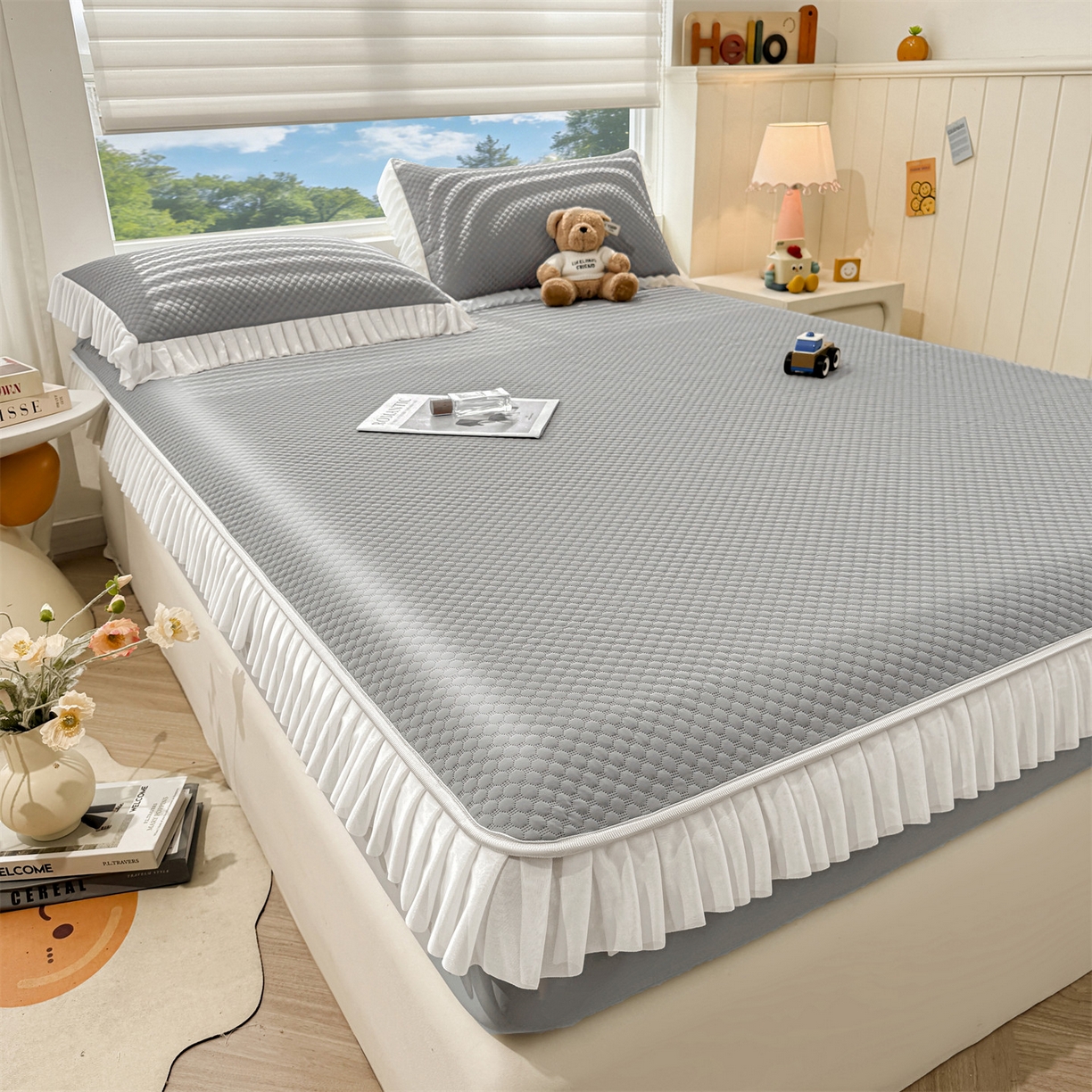 91家纺网 家纺一手货源 找家纺 雯豆家纺 2026新款A类凉感丝花边床笠款凉席席子凉席 凉感丝花边床笠-轻奢灰