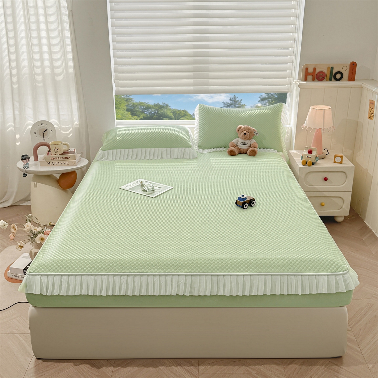 91家纺网 家纺一手货源 找家纺 雯豆家纺 2026新款A类凉感丝花边床笠款凉席席子凉席 凉感丝花边床笠-春辰绿