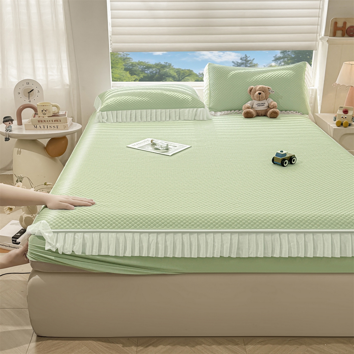 91家纺网 家纺一手货源 找家纺 雯豆家纺 2026新款A类凉感丝花边床笠款凉席席子凉席 凉感丝花边床笠-春辰绿