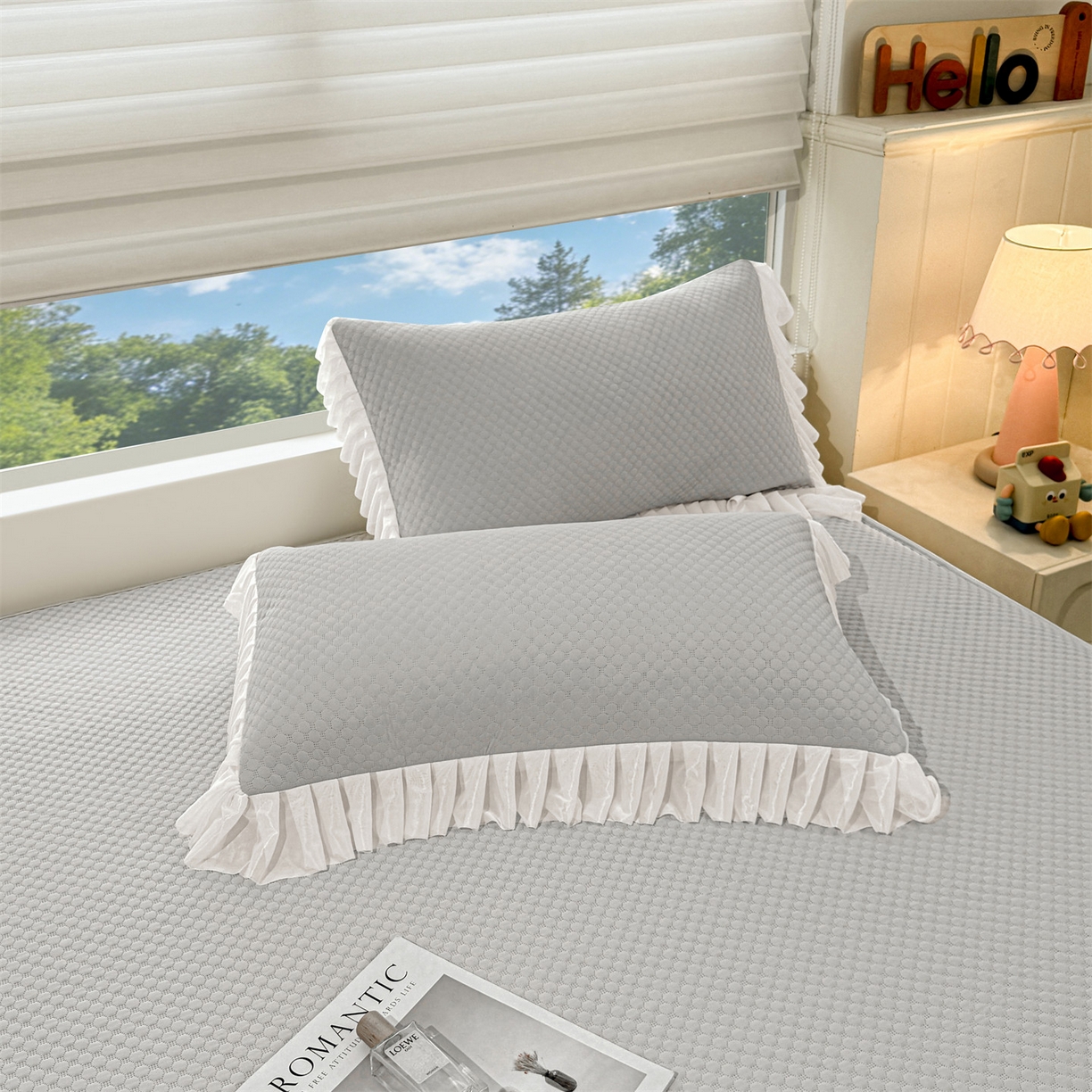 91家纺网 家纺一手货源 找家纺 雯豆家纺 2026新款A类凉感丝花边床笠款凉席席子凉席 凉感丝花边床笠-淡雅灰