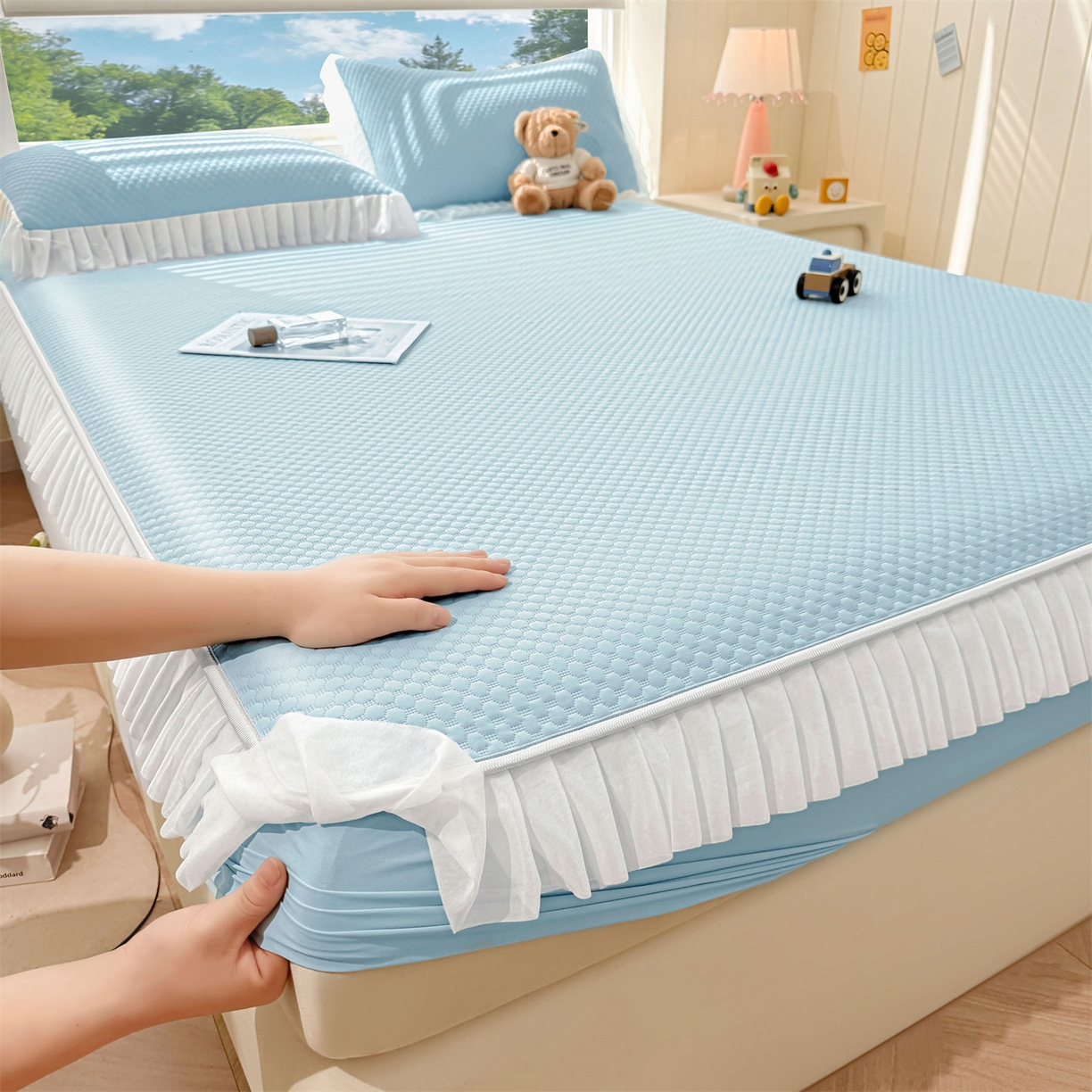 91家纺网 家纺一手货源 找家纺 雯豆家纺 2026新款A类凉感丝花边床笠款凉席席子凉席 凉感丝花边床笠-碧空蓝