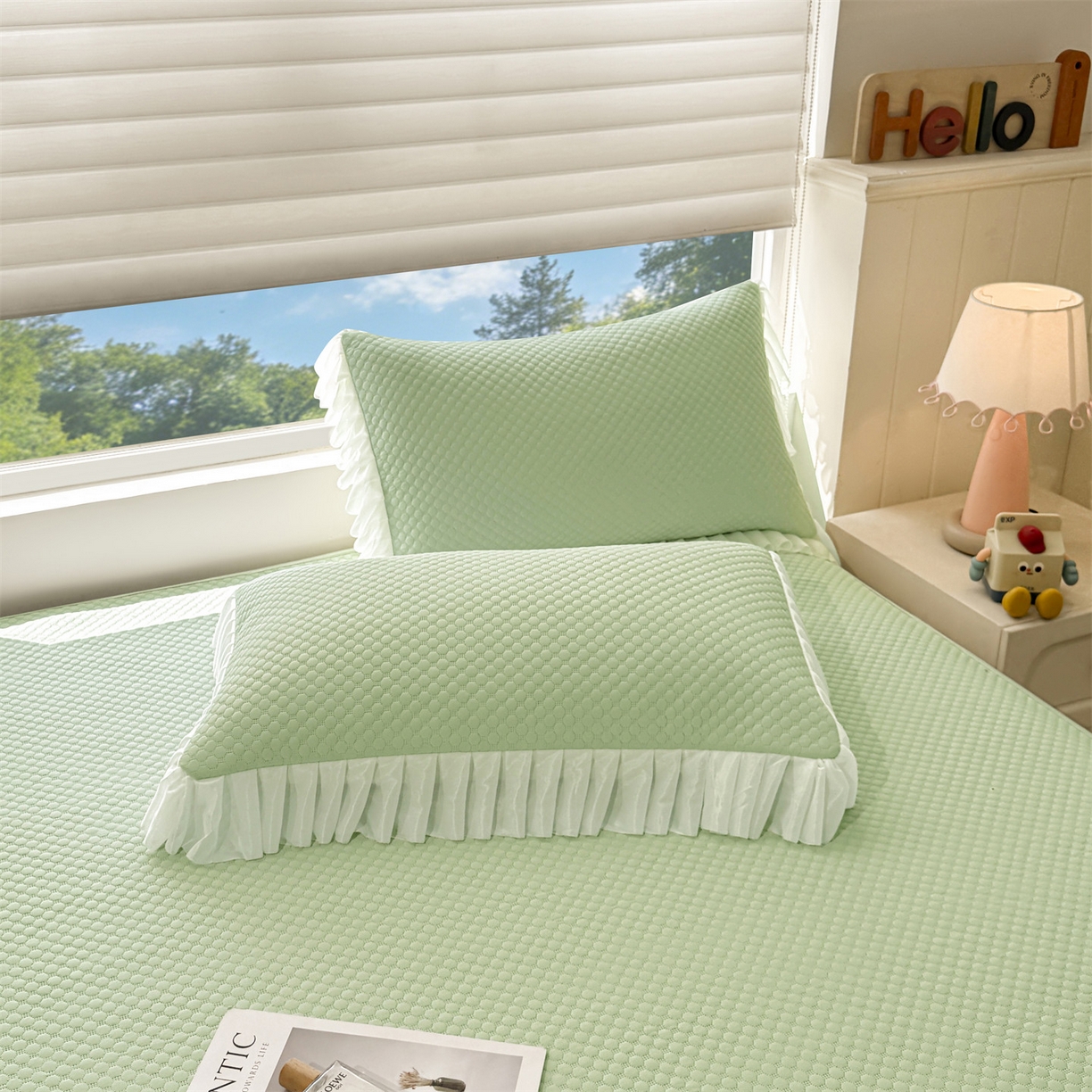 91家纺网 家纺一手货源 找家纺 雯豆家纺 2026新款A类凉感丝花边床笠款凉席席子凉席 凉感丝花边床笠-春辰绿