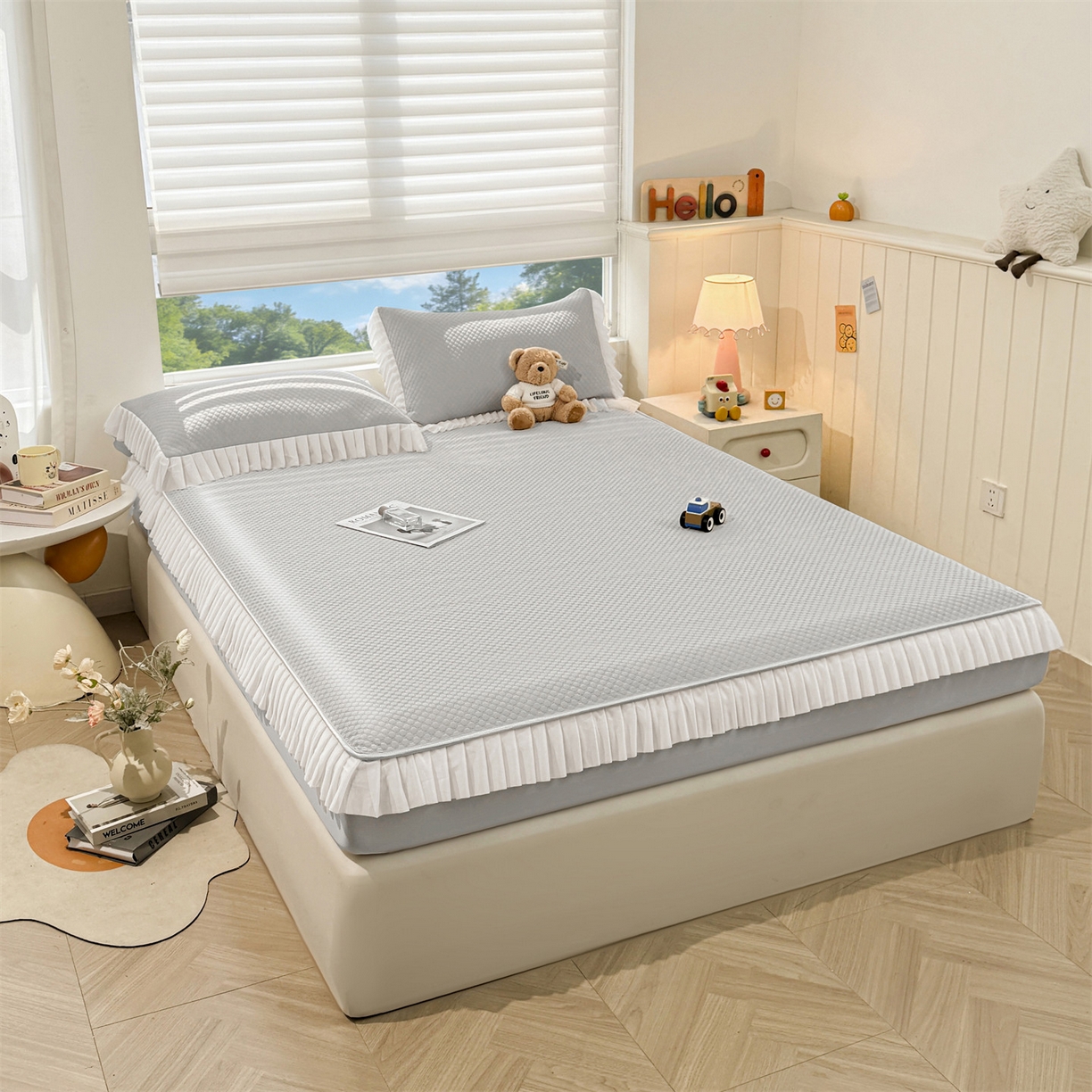 91家纺网 家纺一手货源 找家纺 雯豆家纺 2026新款A类凉感丝花边床笠款凉席席子凉席 凉感丝花边床笠-淡雅灰