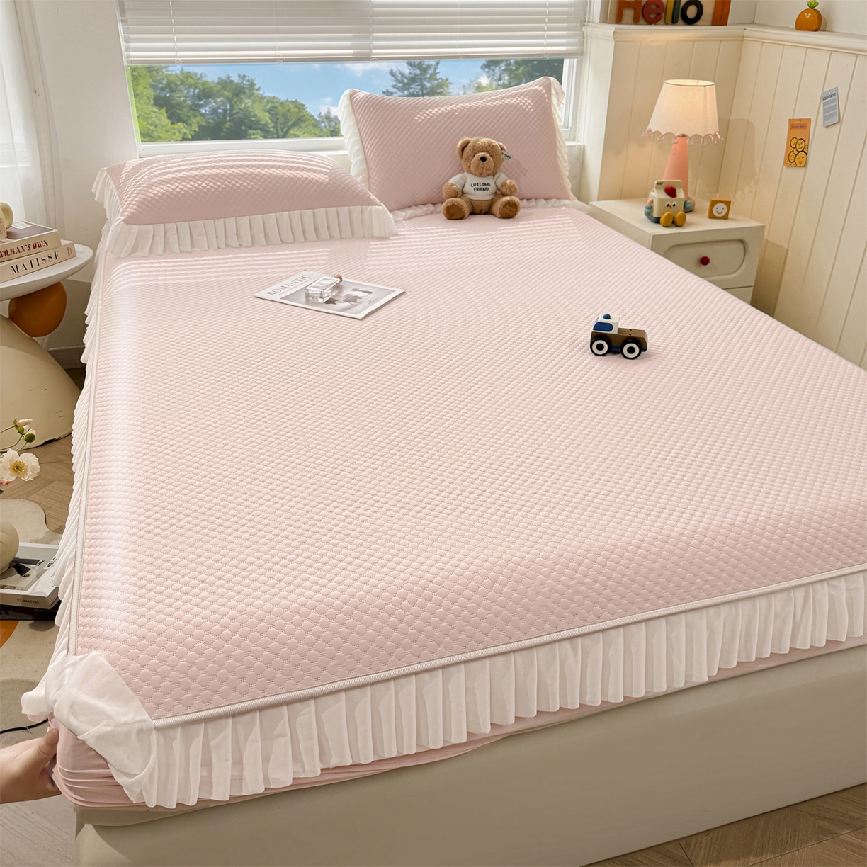 91家纺网 家纺一手货源 找家纺 雯豆家纺 2026新款A类凉感丝花边床笠款凉席席子凉席 凉感丝花边床笠-胭脂粉