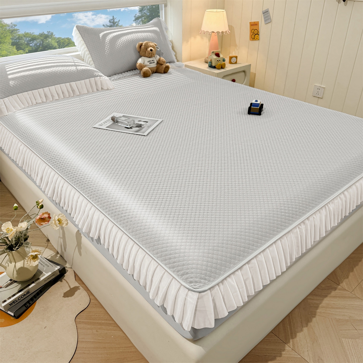 91家纺网 家纺一手货源 找家纺 雯豆家纺 2026新款A类凉感丝花边床笠款凉席席子凉席 凉感丝花边床笠-淡雅灰