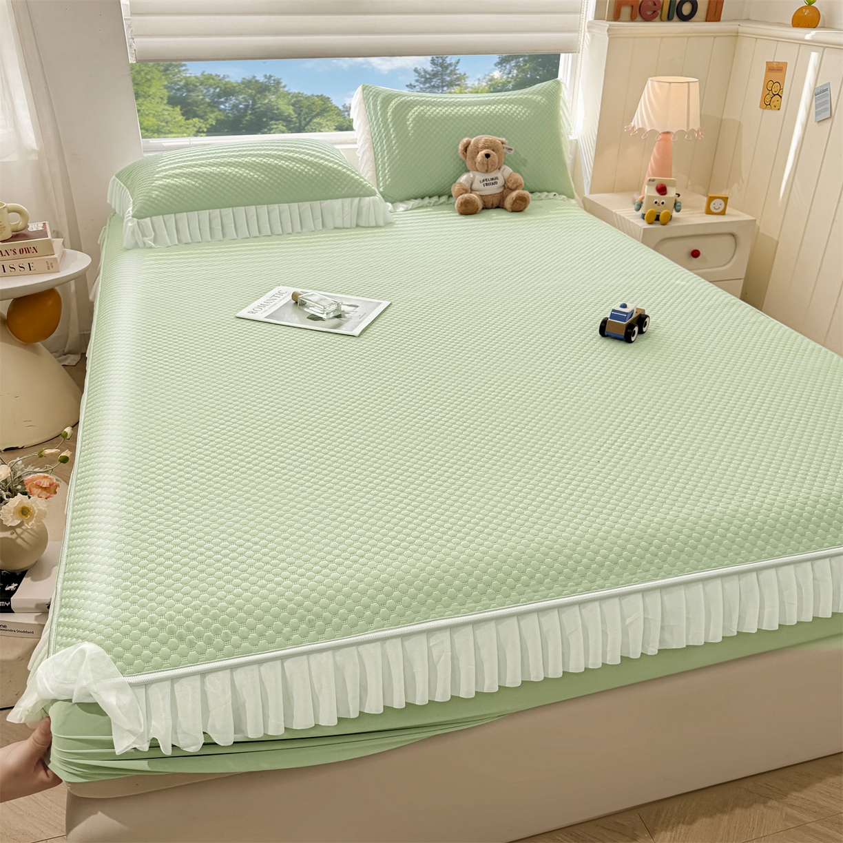 91家纺网 家纺一手货源 找家纺 雯豆家纺 2026新款A类凉感丝花边床笠款凉席席子凉席 凉感丝花边床笠-春辰绿