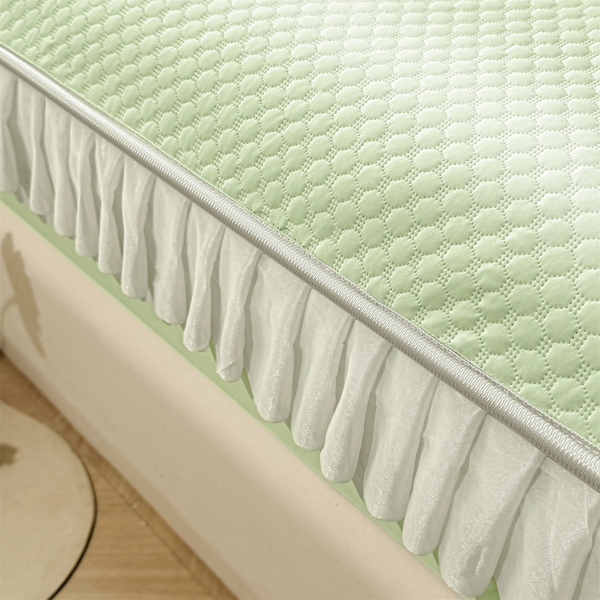 91家纺网 家纺一手货源 找家纺 雯豆家纺 2026新款A类凉感丝花边床笠款凉席席子凉席 凉感丝花边床笠-春辰绿