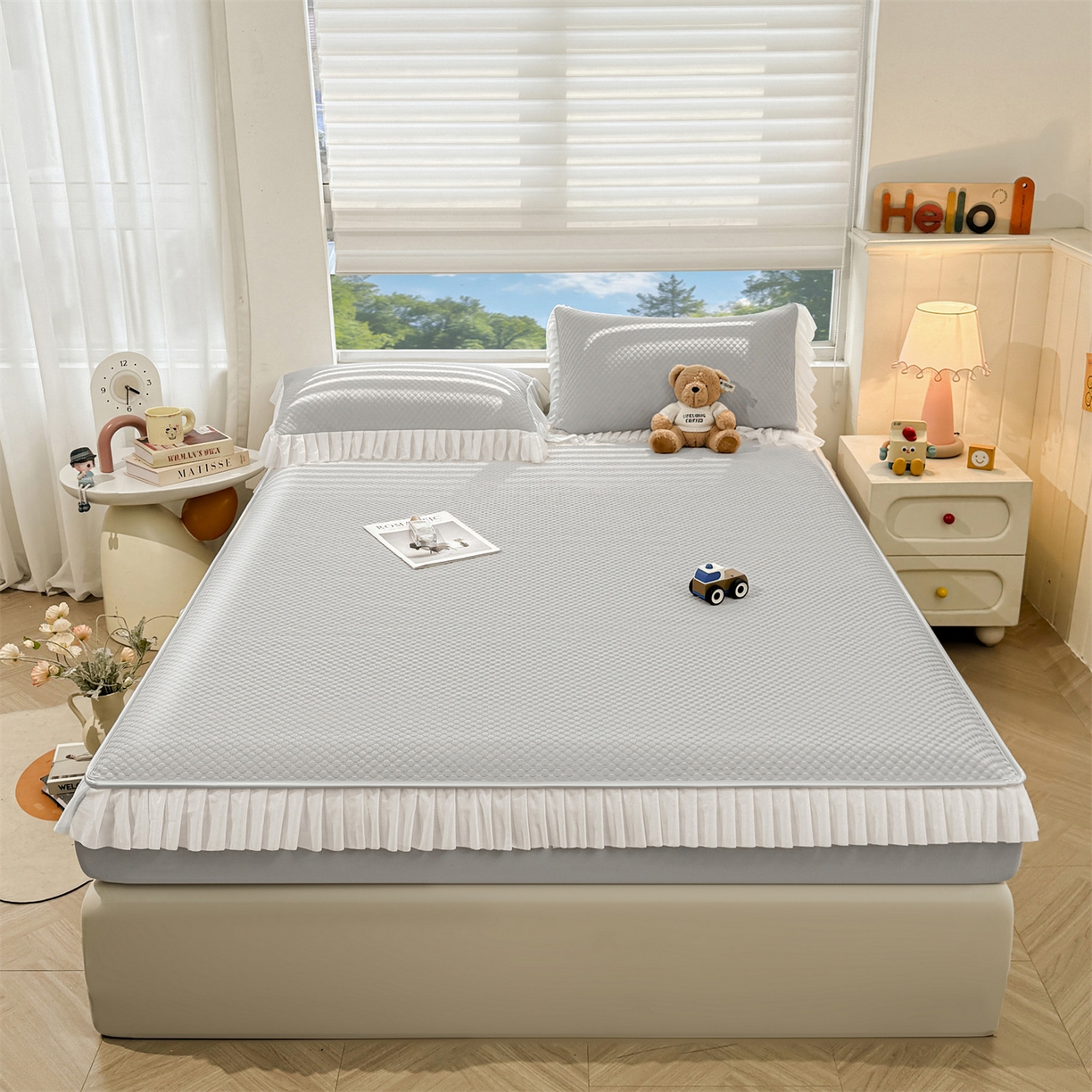 91家纺网 家纺一手货源 找家纺 雯豆家纺 2026新款A类凉感丝花边床笠款凉席席子凉席 凉感丝花边床笠-淡雅灰