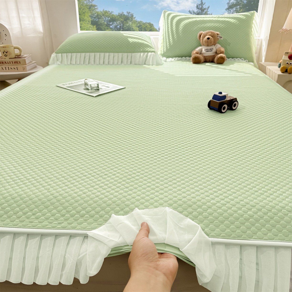 91家纺网 家纺一手货源 找家纺 雯豆家纺 2026新款A类凉感丝花边床笠款凉席席子凉席 凉感丝花边床笠-春辰绿