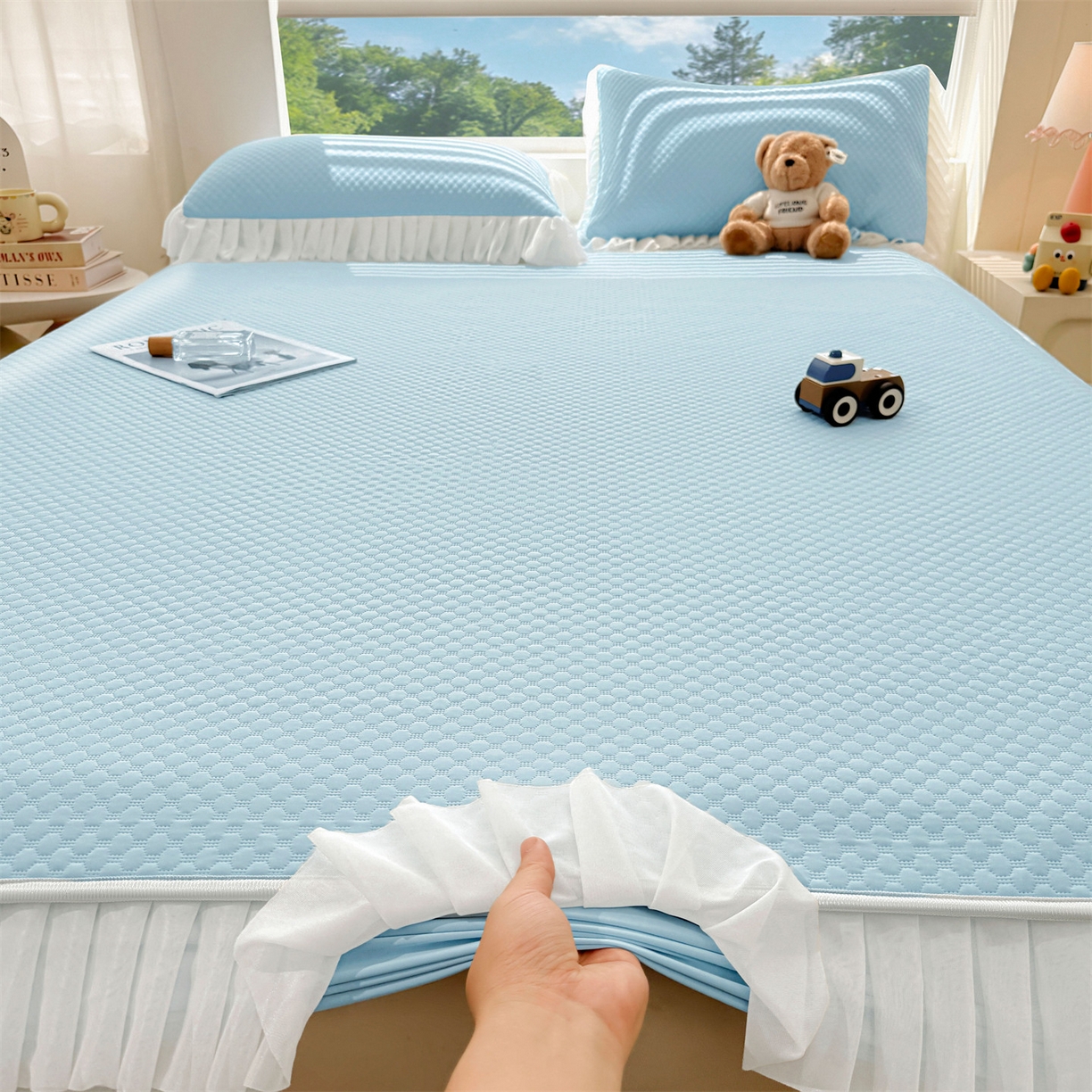 91家纺网 家纺一手货源 找家纺 雯豆家纺 2026新款A类凉感丝花边床笠款凉席席子凉席 凉感丝花边床笠-碧空蓝