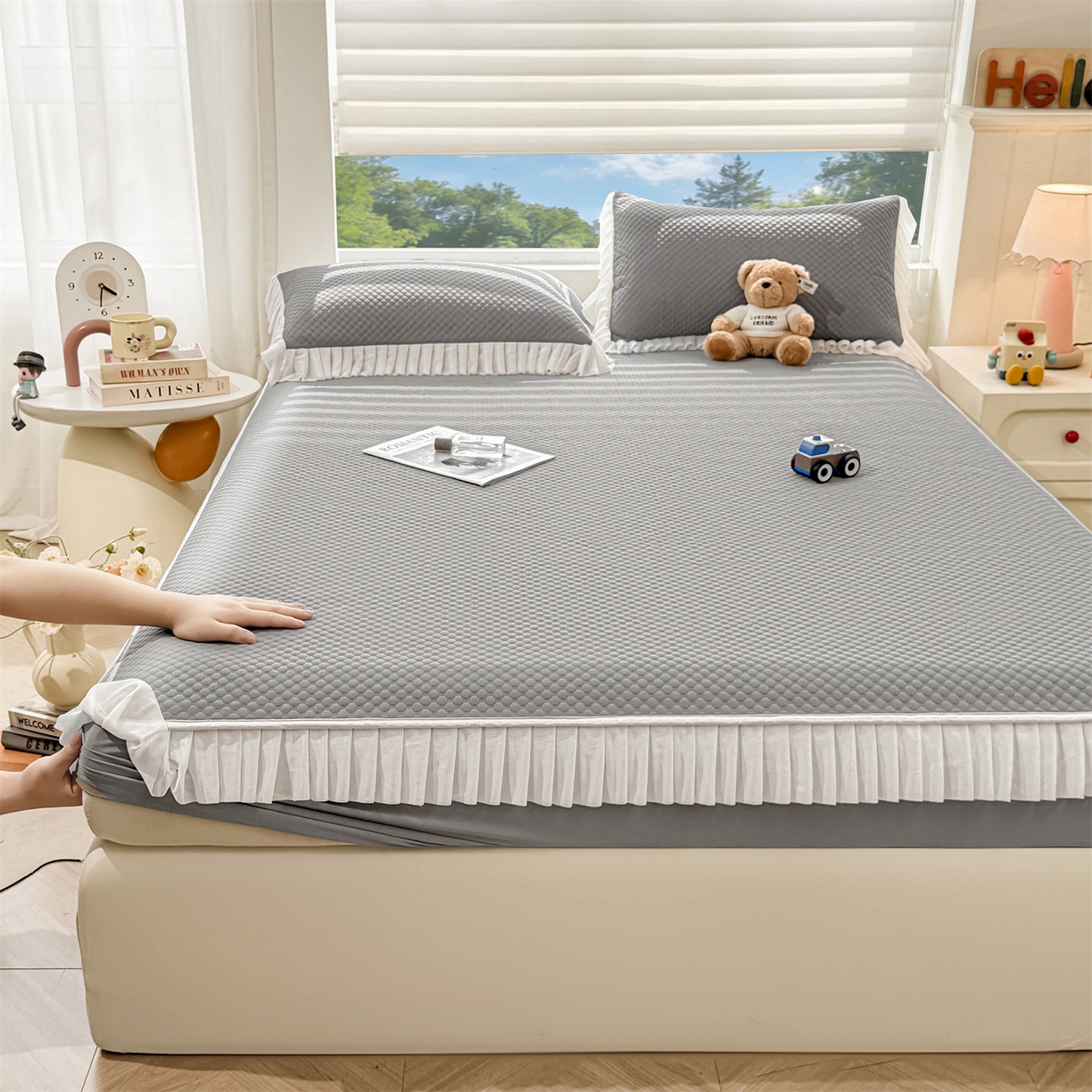 91家纺网 家纺一手货源 找家纺 雯豆家纺 2026新款A类凉感丝花边床笠款凉席席子凉席 凉感丝花边床笠-轻奢灰