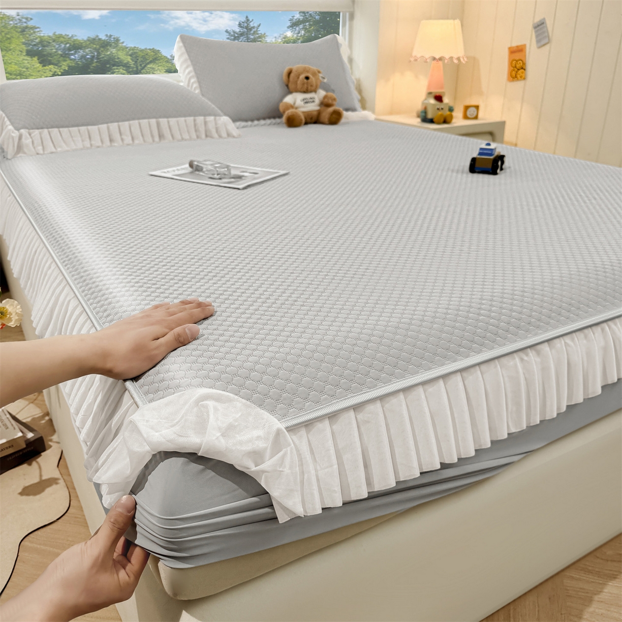 91家纺网 家纺一手货源 找家纺 雯豆家纺 2026新款A类凉感丝花边床笠款凉席席子凉席 凉感丝花边床笠-淡雅灰