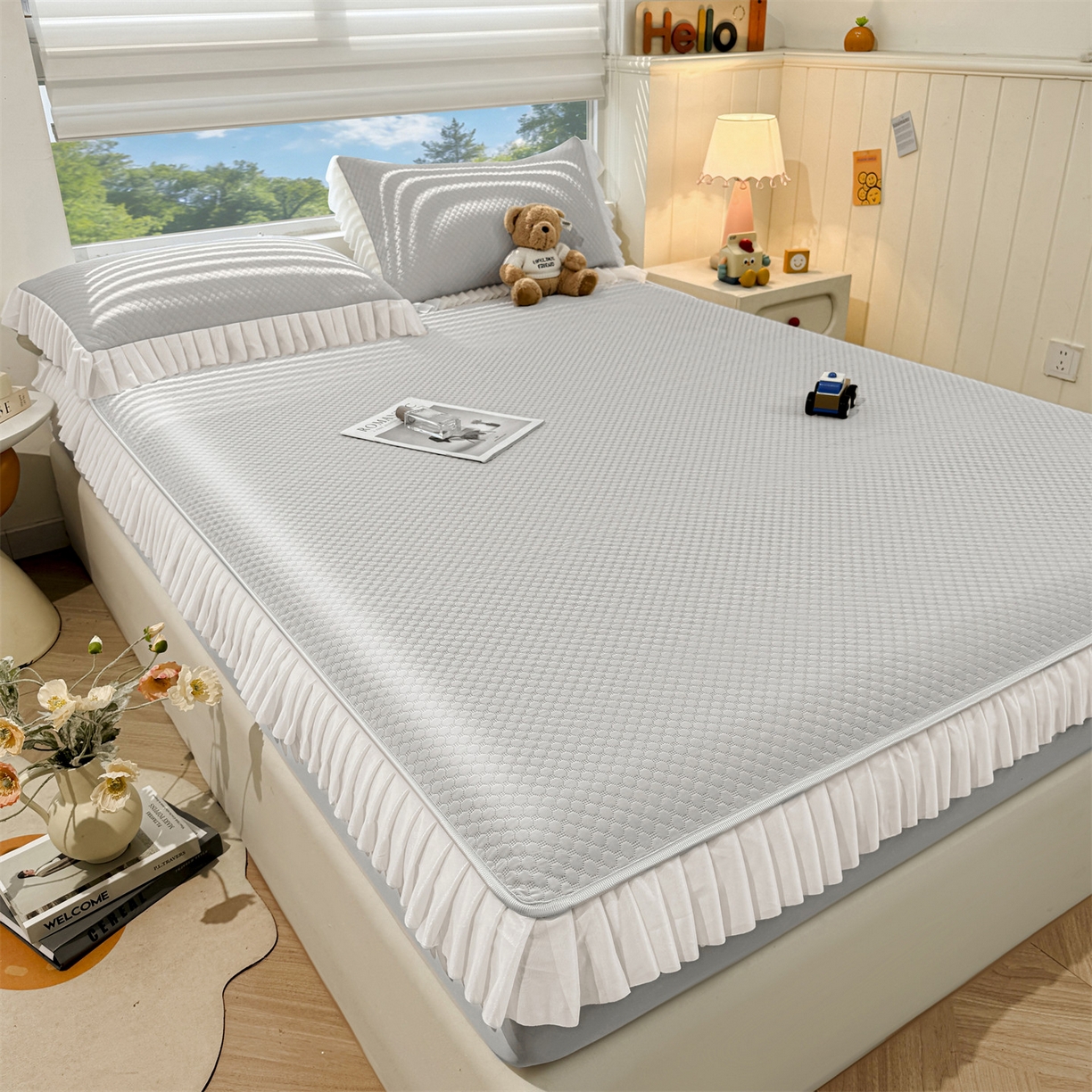 91家纺网 家纺一手货源 找家纺 雯豆家纺 2026新款A类凉感丝花边床笠款凉席席子凉席 凉感丝花边床笠-淡雅灰