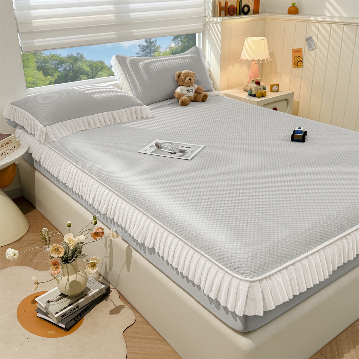 91家纺网 家纺一手货源 找家纺 雯豆家纺 2026新款A类凉感丝花边床笠款凉席席子凉席 凉感丝花边床笠-淡雅灰