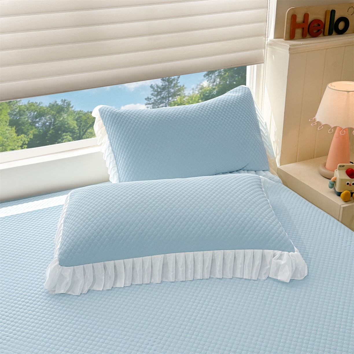 91家纺网 家纺一手货源 找家纺 雯豆家纺 2026新款A类凉感丝花边床笠款凉席席子凉席 凉感丝花边床笠-碧空蓝