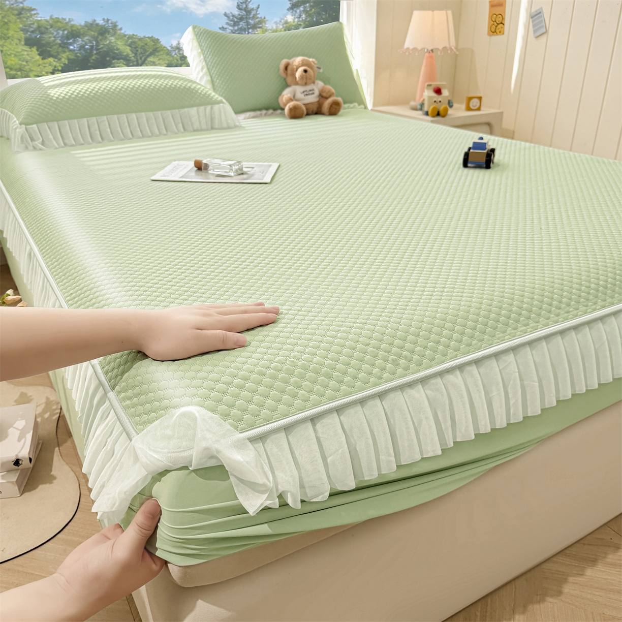 91家纺网 家纺一手货源 找家纺 雯豆家纺 2026新款A类凉感丝花边床笠款凉席席子凉席 凉感丝花边床笠-春辰绿