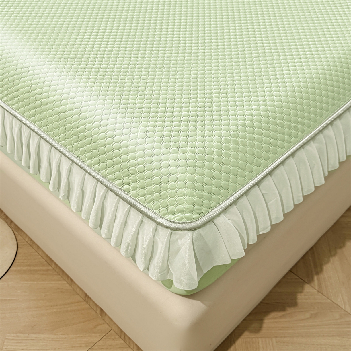 91家纺网 家纺一手货源 找家纺 雯豆家纺 2026新款A类凉感丝花边床笠款凉席席子凉席 凉感丝花边床笠-春辰绿