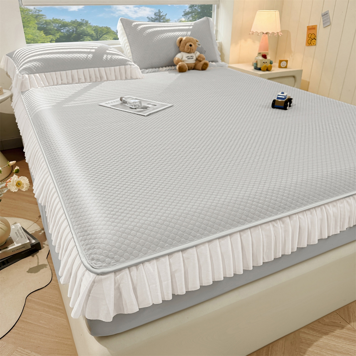 91家纺网 家纺一手货源 找家纺 雯豆家纺 2026新款A类凉感丝花边床笠款凉席席子凉席 凉感丝花边床笠-淡雅灰