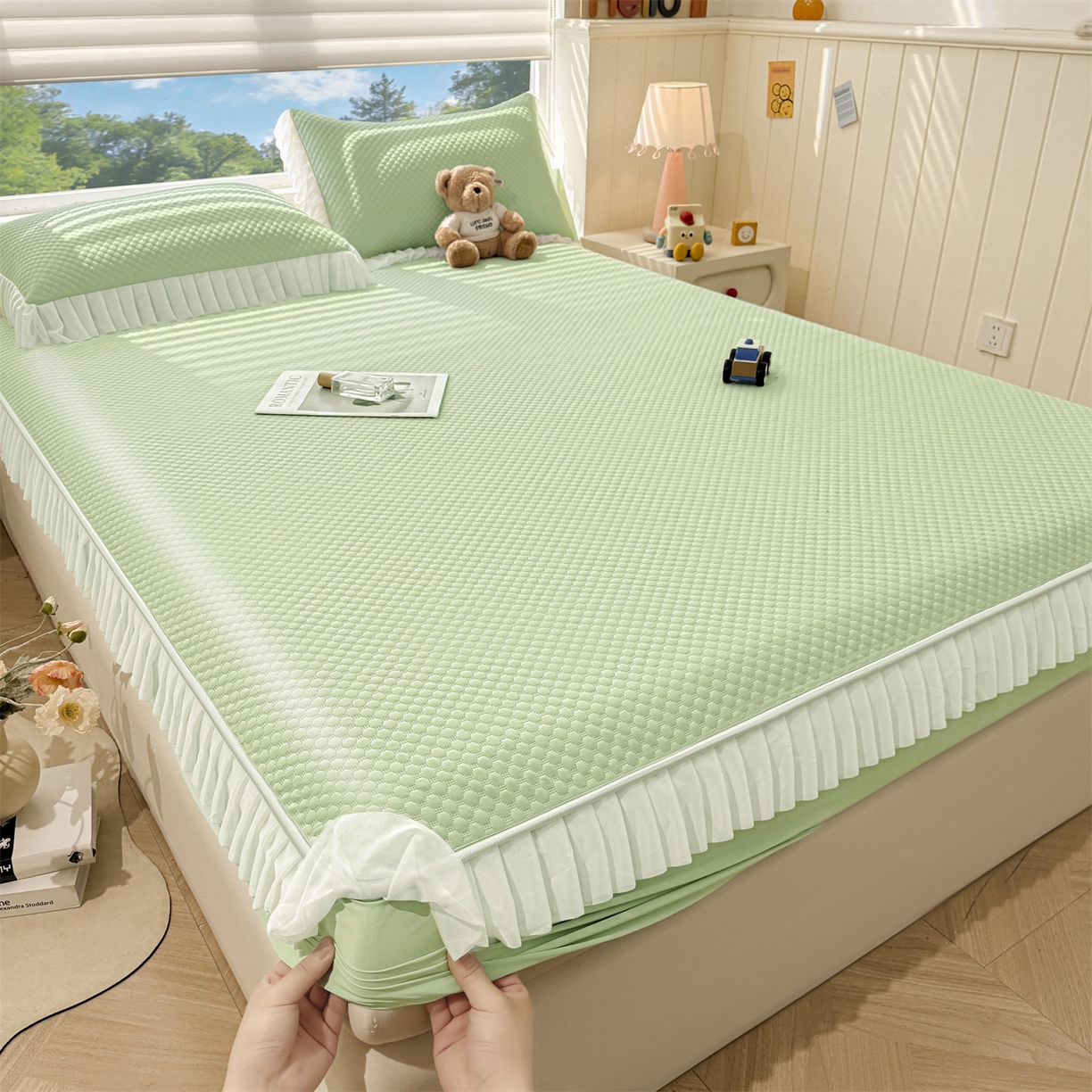 91家纺网 家纺一手货源 找家纺 雯豆家纺 2026新款A类凉感丝花边床笠款凉席席子凉席 凉感丝花边床笠-春辰绿